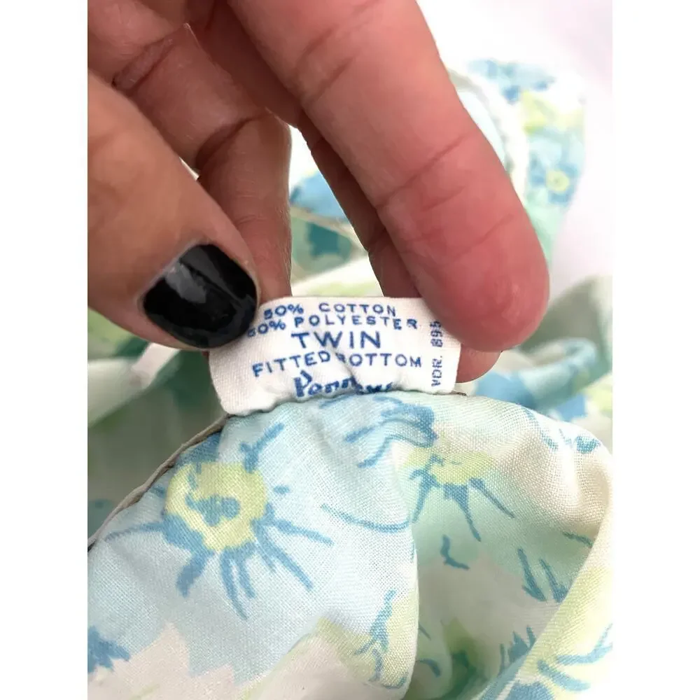 VTG‎ 1970's Flowers Fashion Manor Blue Floral Twin Fitted Sheet MCM Penn-Prest